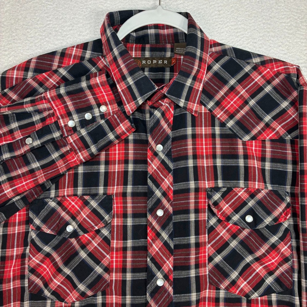 Roper Pearl Snap Shirt Men L Red Black Plaid Long Sleeve Western Cowboy Outdoor
